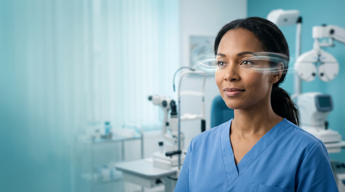 Firefly_Gemini Flash_Professional healthcare awareness banner about Nystagmus, featuring a diverse adult l 609101